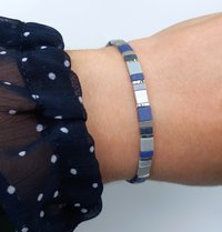 Elegant miyuki beads bracelet strung on transparent stretch cord with tila beads in dark blue, gray and silver color  Handmade with care and attention to detail and made to order at your size