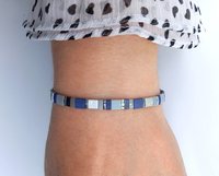 Elegant miyuki beads bracelet strung on transparent stretch cord with tila beads in dark blue, gray and silver color  Handmade with care and attention to detail and made to order at your size