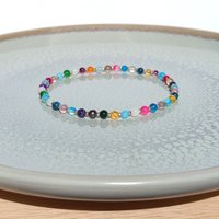 Thin colorful agate bracelet on stretch cord, rainbow colors with champagne coloured tiny miyuki rocailles, multicolored happy bracelet