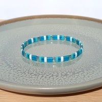 Miyuki tila stretch bracelet set in turquoise blue, teal, white and silver colour, two matching designs for stacking or a single bracelet