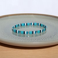 Miyuki tila stretch bracelet set in turquoise blue, teal, white and silver colour, two matching designs for stacking or a single bracelet