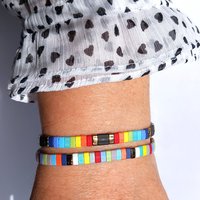 Miyuki tila stretch bracelet set in rainbow and bronze colours, two bracelets with matching designs for stacking or separately, bright summer colours