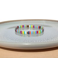 Miyuki tila stretch bracelet set in rainbow and bronze colours, two bracelets with matching designs for stacking or separately, bright summer colours