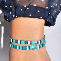 Miyuki tila stretch bracelet set in turquoise blue, teal, white and silver colour, two matching designs for stacking or a single bracelet