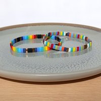 Miyuki tila stretch bracelet set in rainbow and bronze colours, two bracelets with matching designs for stacking or separately, bright summer colours