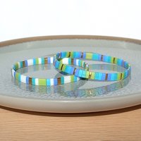 Miyuki tila stretch bracelet set in light blue and chartreuse green colour, two matching designs for stacking or a single bracelet