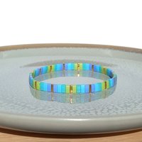 Miyuki tila stretch bracelet set in light blue and chartreuse green colour, two matching designs for stacking or a single bracelet