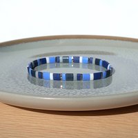 Miyuki tila stretch bracelet in light and dark blue, light and dark gray, white and nickel plated beads