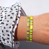 Miyuki tila stretch bracelet in light yellow and chartreuse green colour with gold-plated beads, two bracelets in sunny spring colors