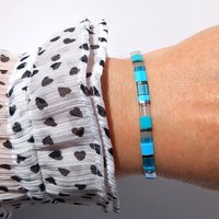 Miyuki tila stretch bracelet, turquoise blue, teal, gray and nickel-plated tila beads