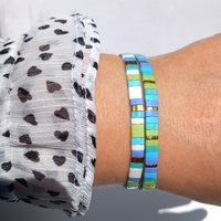 Miyuki tila stretch bracelet set in light blue and chartreuse green colour, two matching designs for stacking or a single bracelet