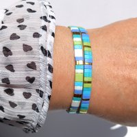 Miyuki tila stretch bracelet set in light blue and chartreuse green colour, two matching designs for stacking or a single bracelet