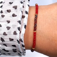 Miyuki stretch bracelet of medium-size rocailles in dark red, picasso red and gold color, comfortable boho jewelry