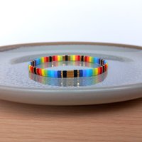 Miyuki tila stretch bracelet in rainbow and gold colours, comfortable boho jewellery