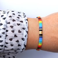 Miyuki tila stretch bracelet in rainbow and gold colours, comfortable boho jewellery