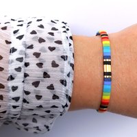 Miyuki tila stretch bracelet in rainbow and gold colours, comfortable boho jewellery