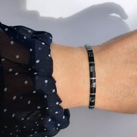 Glass tile stretch bracelet, black and silver color miyuki tila beads