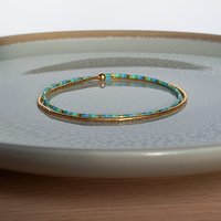 Thin glass beads stretch wrapped bracelet, summer jewelry with tiny miyuki beads in blue, green and gold, minimalist, comfortable and light
