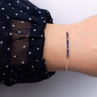 Thin miyuki stretch bracelets with blue sodalite, matte tiny glass beads and gold-plated beads, three designs in minimalist style