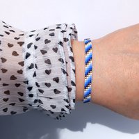 Glass beaded bracelet, summer jewelry of tiny blue, white and gold-color beads, adjustable loom bracelet with lobster claw clasp