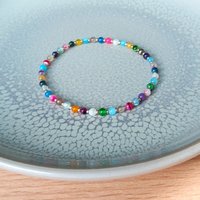 Thin colorful agate bracelet on stretch cord, rainbow colors with champagne coloured tiny miyuki rocailles, multicolored happy bracelet