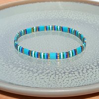 Miyuki tila stretch bracelet, turquoise blue, green, white and gold-plated tila beads