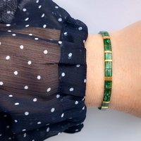 Elegant glass tile beads bracelet strung on transparent stretch cord using Japanese miyuki tila beads known for their high quality and precision  Two strands with square tile beads in picasso emerald green and gold-plated tila beads - elegant and comfortable for everyday use  All our bracelets are handmade with care and attention to detail in Amsterdam, The Netherlands. This bracelet is made to order at your size.