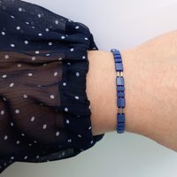 Miyuki tila stretch bracelet in matte dark navy blue and silver, with tila tile beads, tiny rocailles seed beads and thin tube beads