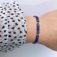 Miyuki tila stretch bracelet in matte dark navy blue and silver, with tila tile beads, tiny rocailles seed beads and thin tube beads