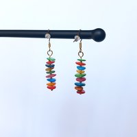Colorful dangle earrings with dyed mother of pearl discs in bright colors, stainless steel wire hook in gold tone