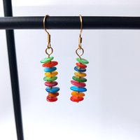 Colorful dangle earrings with dyed mother of pearl discs in bright colors, stainless steel wire hook in gold tone