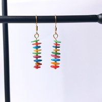 Colorful dangle earrings with dyed mother of pearl discs in bright colors, stainless steel wire hook in gold tone