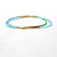 Thin miyuki wrapped stretch bracelet with blue, green and gold-plated tiny beads, minimalist summer jewelry