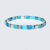 Miyuki tila stretch bracelet, turquoise blue, teal, gray and nickel-plated tila beads