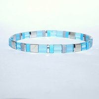 Miyuki tila stretch bracelet, sky blue, silver color and gray tila beads, light colors, sunny summer jewelry