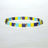 Miyuki tila stretch bracelet, turquoise blue, yellow, dark blue and gold-plated tila beads