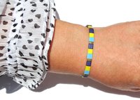 Miyuki tila stretch bracelet, turquoise blue, yellow, dark blue and gold-plated tila beads