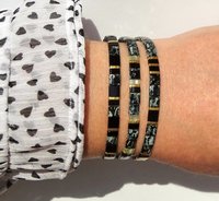 Elegant miyuki tila beads bracelet set strung on transparent stretch cord - Three matching designs with black and gold-plated tila beads 