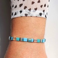 Miyuki tila stretch bracelet, turquoise blue, teal, gray and nickel-plated tila beads