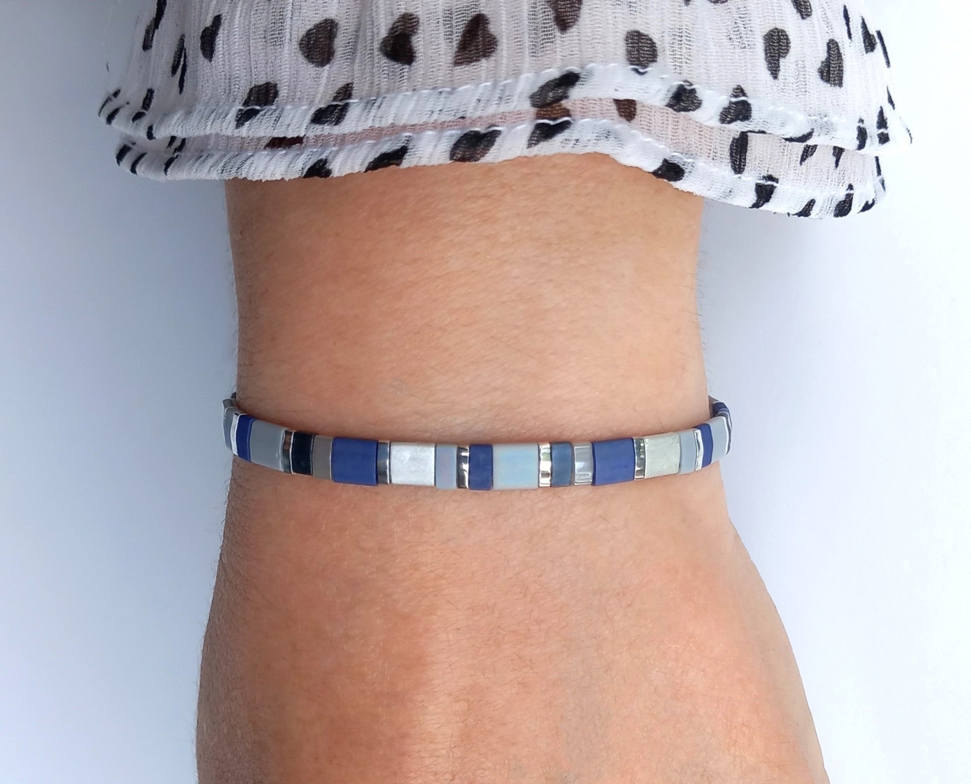 Elegant miyuki beads bracelet strung on transparent stretch cord with tila beads in dark blue, gray and silver color  Handmade with care and attention to detail and made to order at your size
