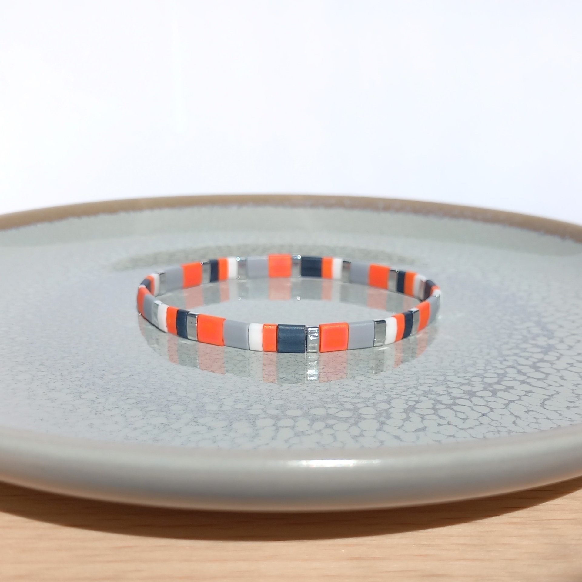 Miyuki tila stretch bracelet, bright orange, gray, white and silver color tila beads, summer jewelry