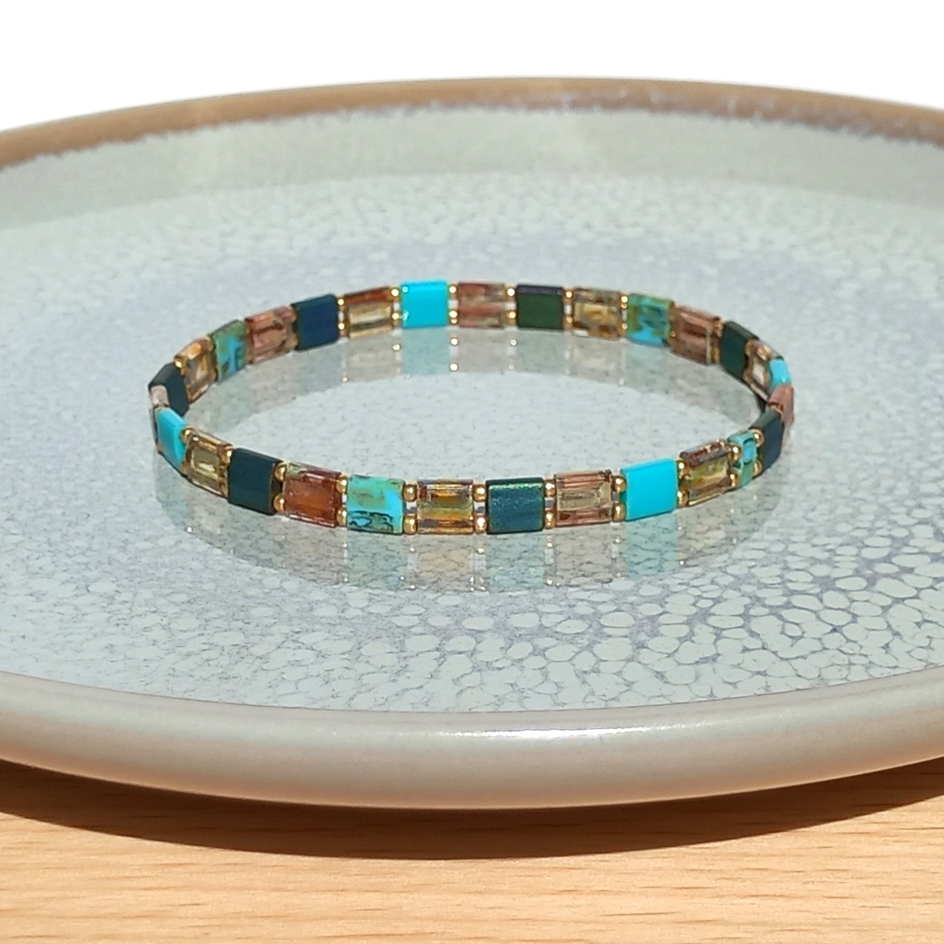 Miyuki tila stretch bracelet set in turquoise, bronze and gold, two matching designs for stacking or a single bracelet