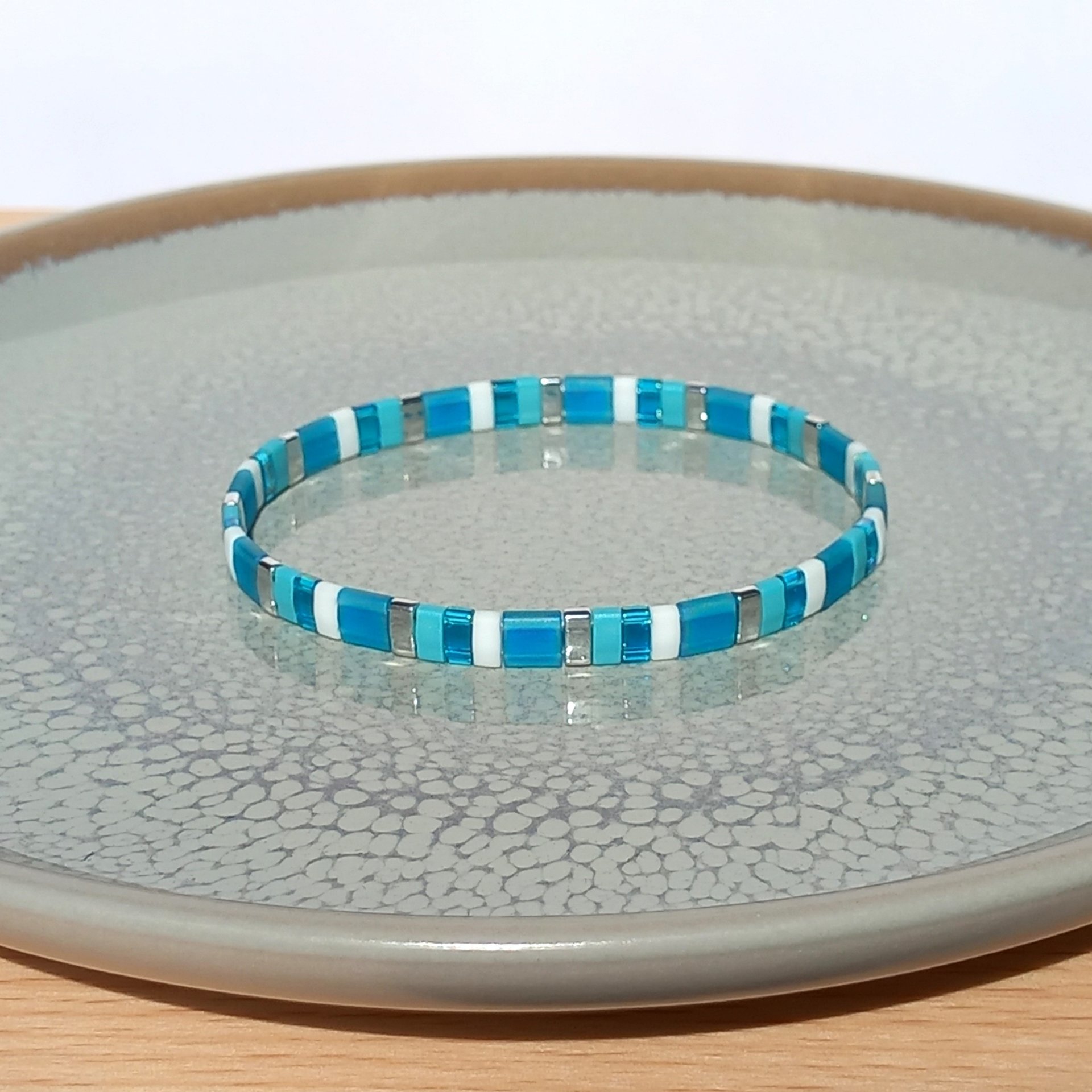 Miyuki tila stretch bracelet set in turquoise blue, teal, white and silver colour, two matching designs for stacking or a single bracelet