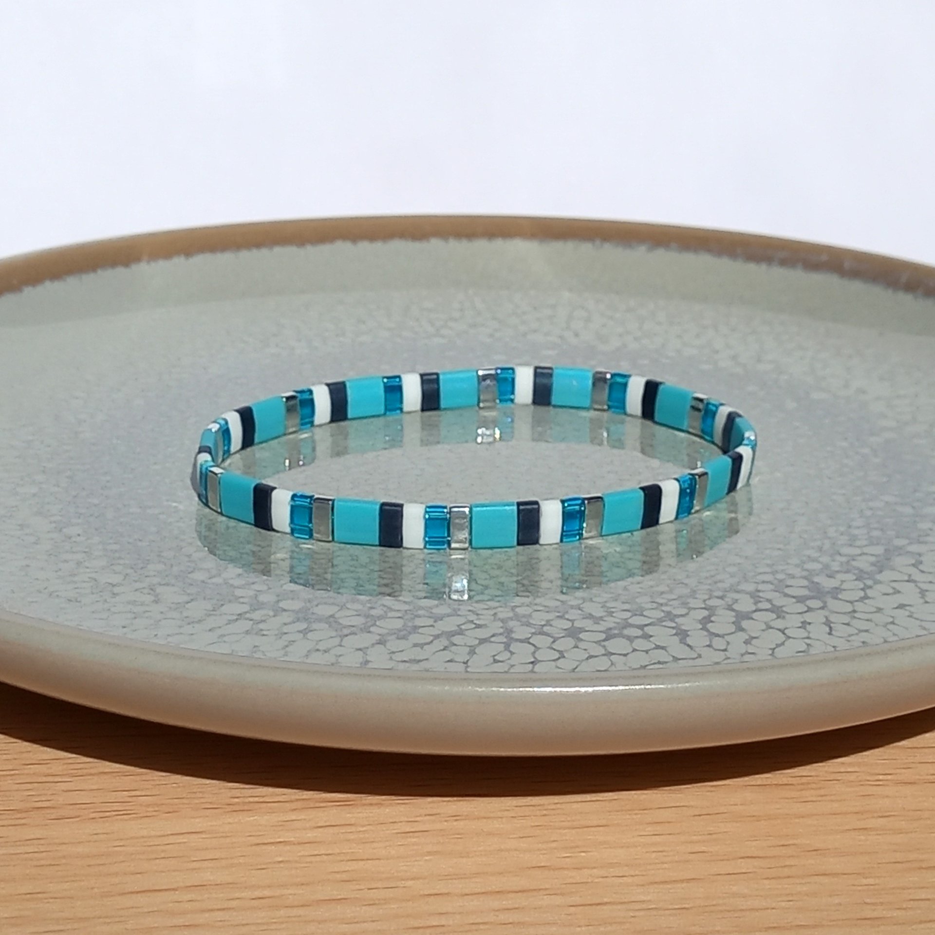 Miyuki tila stretch bracelet set in turquoise blue, teal, white and silver colour, two matching designs for stacking or a single bracelet
