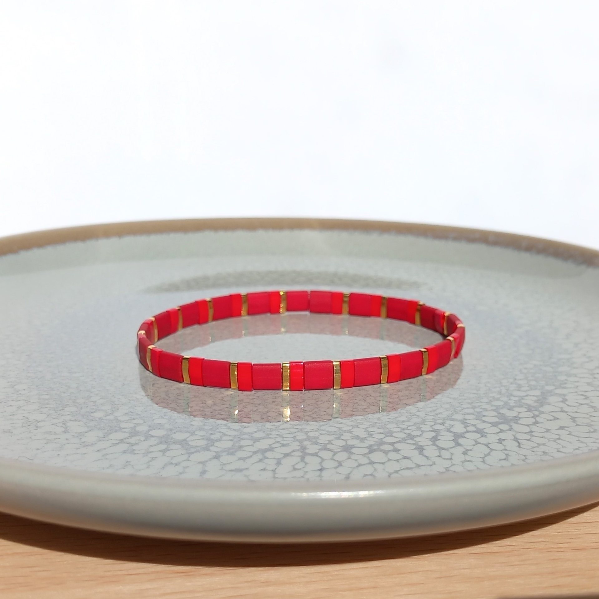Miyuki tila stretch bracelet set in dark red, red and gold colour, single or a set of two bracelets for stacking