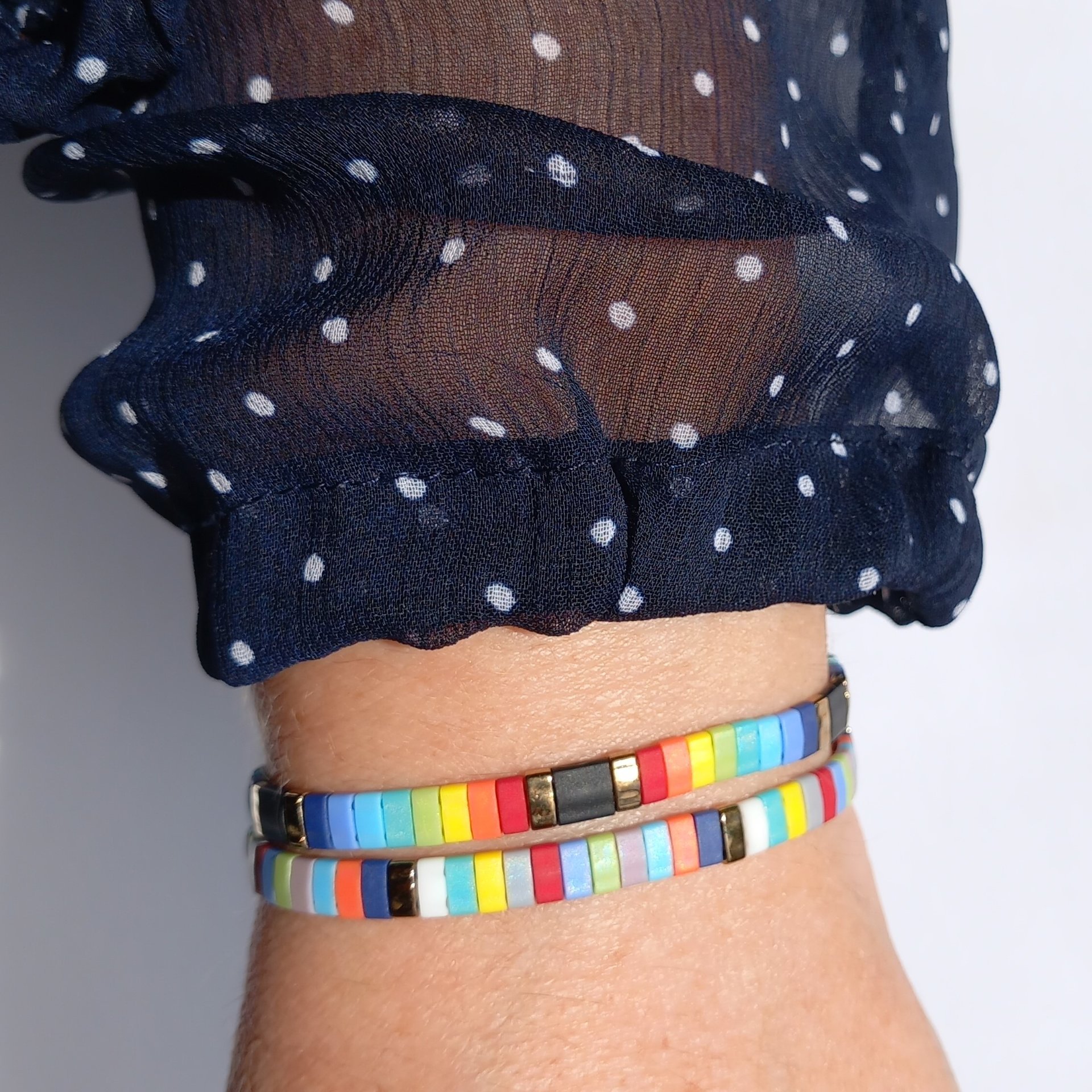Miyuki tila stretch bracelet set in rainbow and bronze colours, two bracelets with matching designs for stacking or separately, bright summer colours