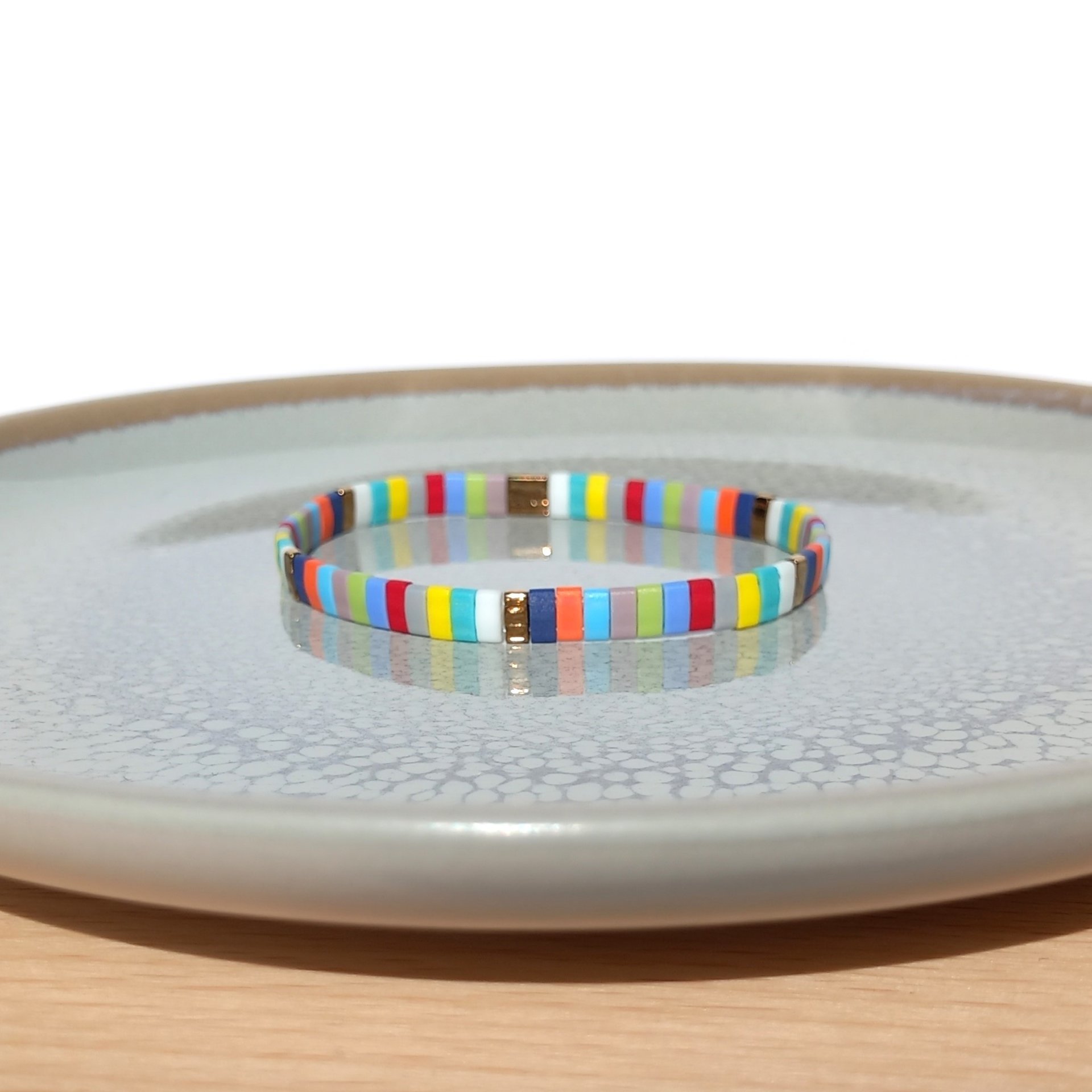 Miyuki tila stretch bracelet set in rainbow and bronze colours, two bracelets with matching designs for stacking or separately, bright summer colours