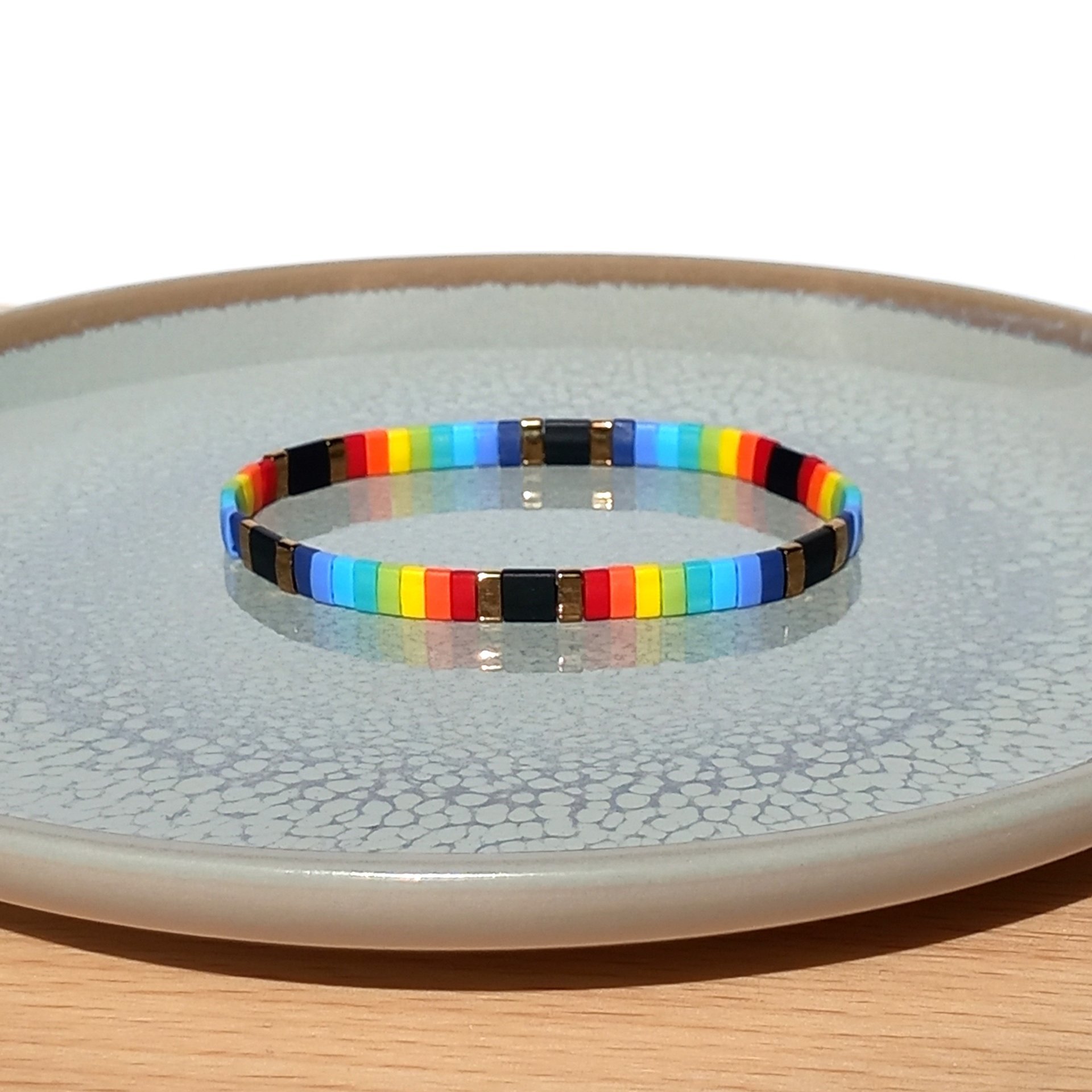 Miyuki tila stretch bracelet set in rainbow and bronze colours, two bracelets with matching designs for stacking or separately, bright summer colours