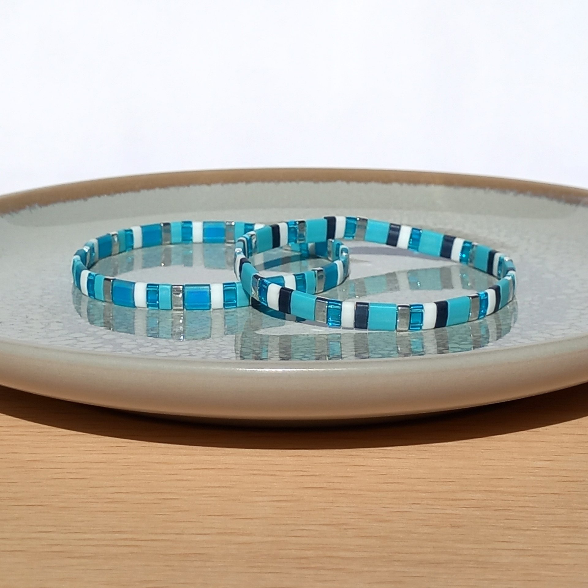 Miyuki tila stretch bracelet set in turquoise blue, teal, white and silver colour, two matching designs for stacking or a single bracelet
