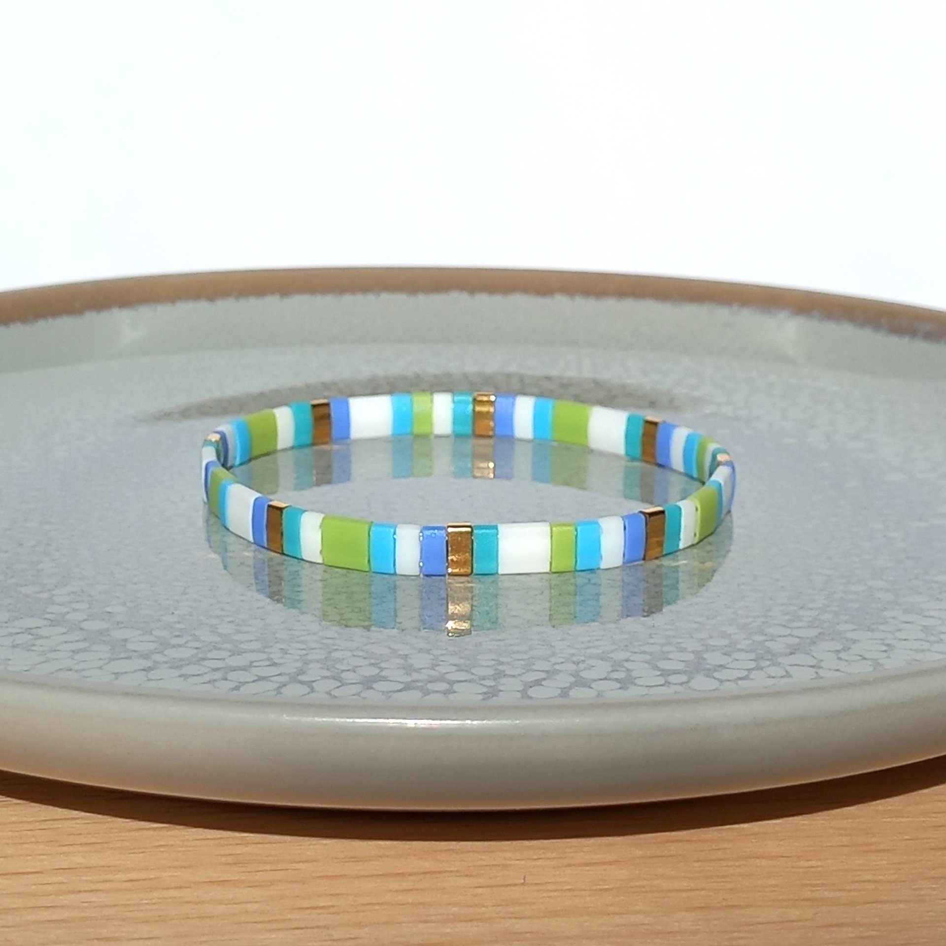 Miyuki tila stretch bracelet set in light blue and chartreuse green colour, two matching designs for stacking or a single bracelet